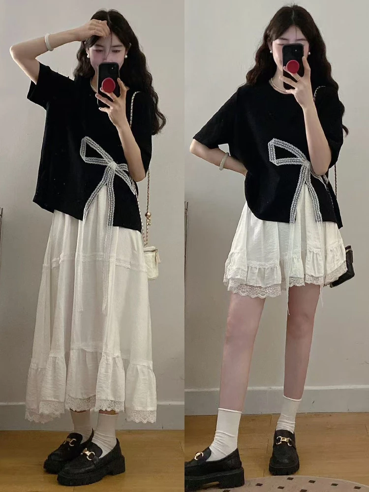 MO88ZSPF大码女装胖mm新款设计感蝴蝶结开叉T恤+花边蛋糕裙