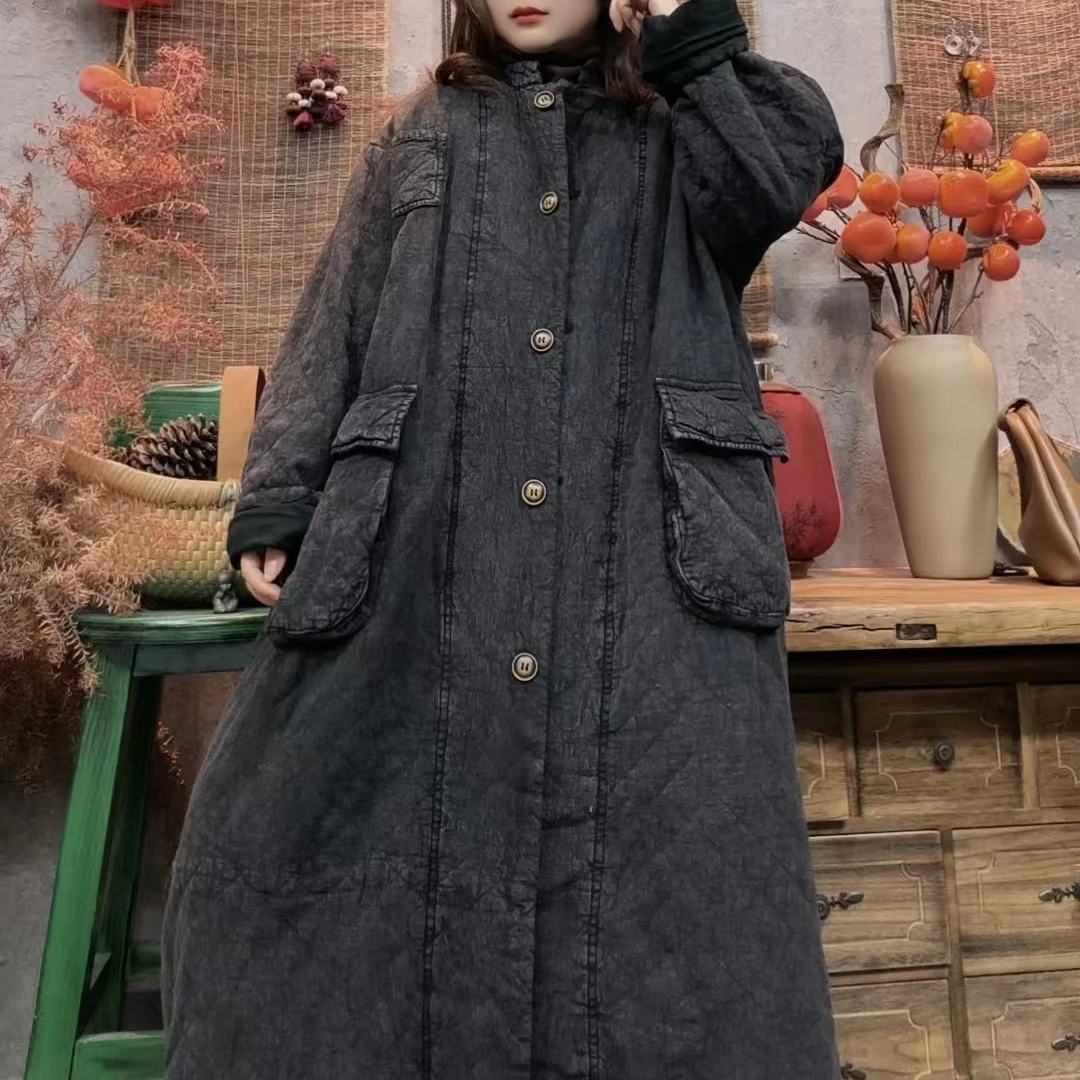 美子原创新款炒色做旧复古百搭显瘦棉衣长袍（衣长120胸围140）