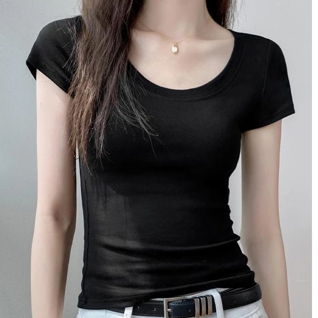 2025韩版短袖T恤ins女新款修身显瘦正肩内搭u领黑色纯棉t恤上衣