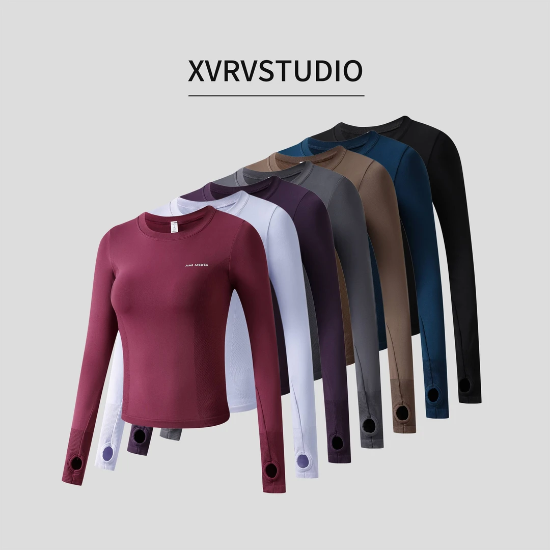 【草莓定制】XVRV“无缝一体织”秋冬运动修身长袖内搭普拉提健身T恤