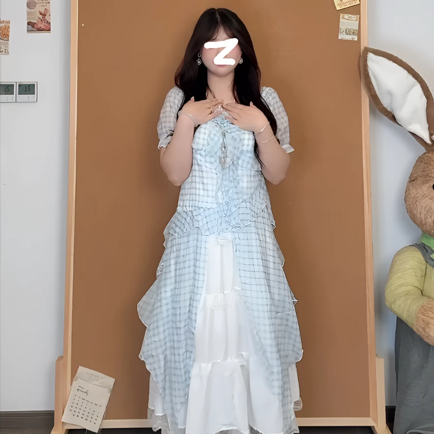 【源头厂家】蝴蝶蓝色开叉格纹长衫蛋糕裙两件套夏季新款可爱小清新