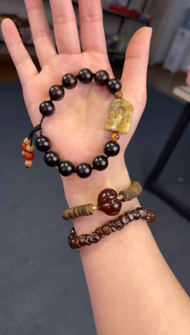 合金蛇纹石玉手链    12mm印度小叶紫檀岫玉【悟道】单圈