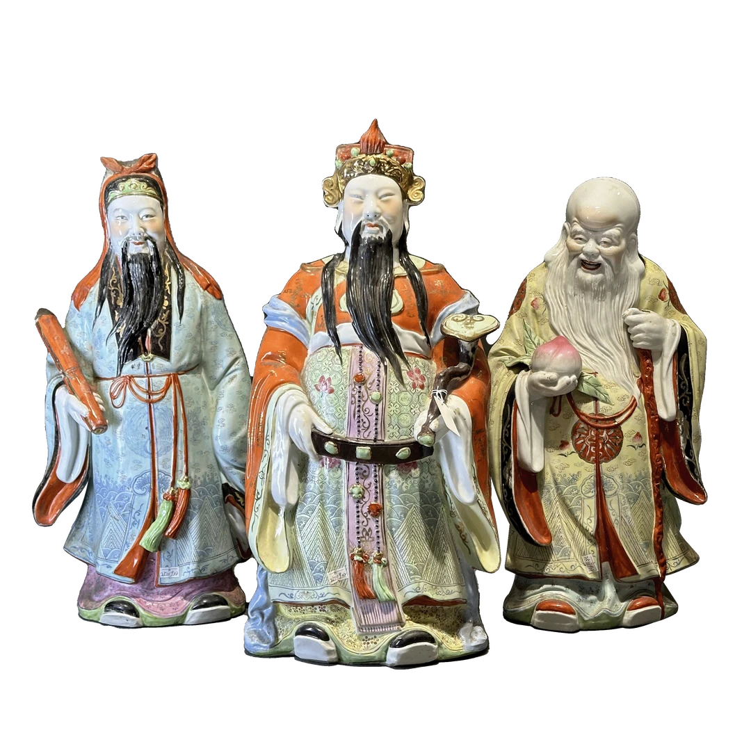 25111902y粉彩福禄寿三星瓷塑