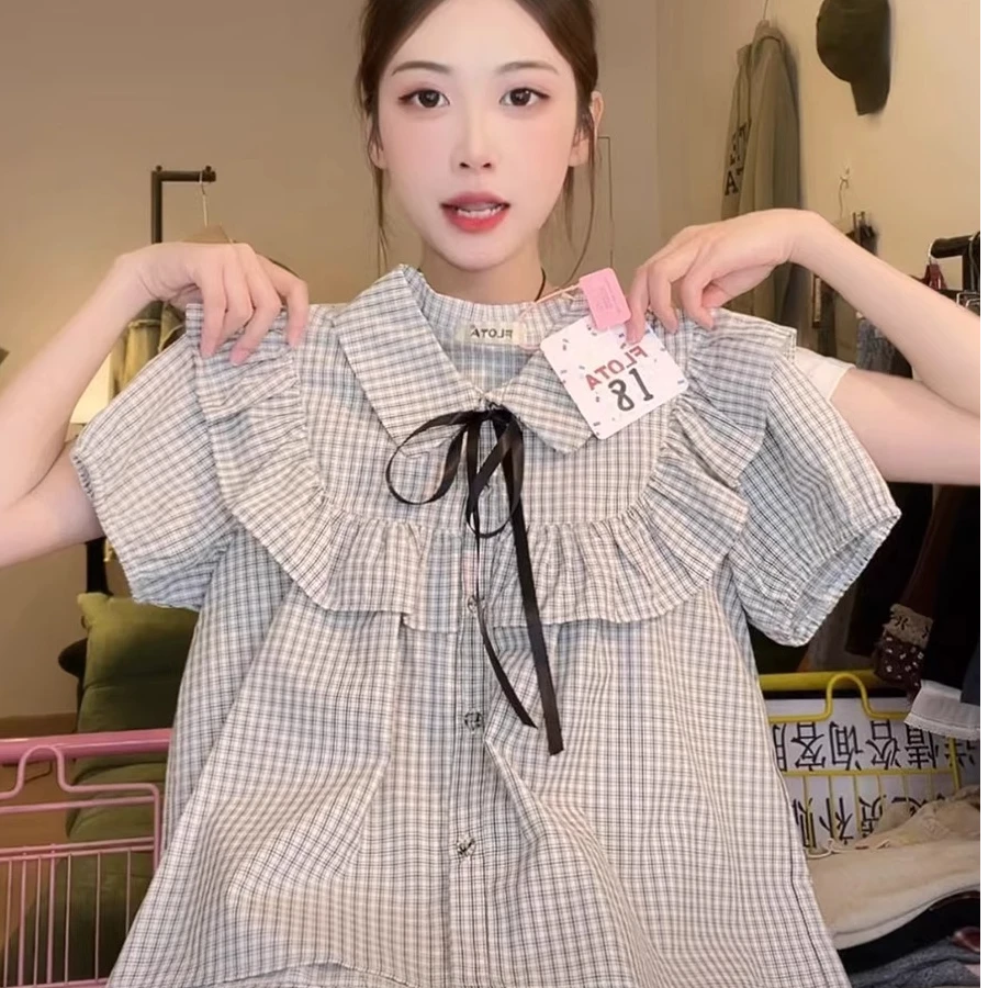 森系格纹木耳边短袖娃娃衫女韩系纽扣蝴蝶结polo领泡泡袖短款衬衫