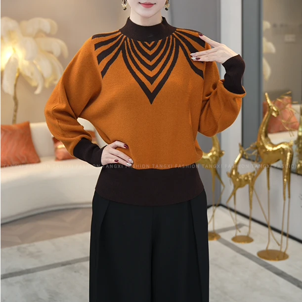 现货2025秋冬新款【TX-62】含绵羊毛设计感橙拼棕色针织衫毛衣