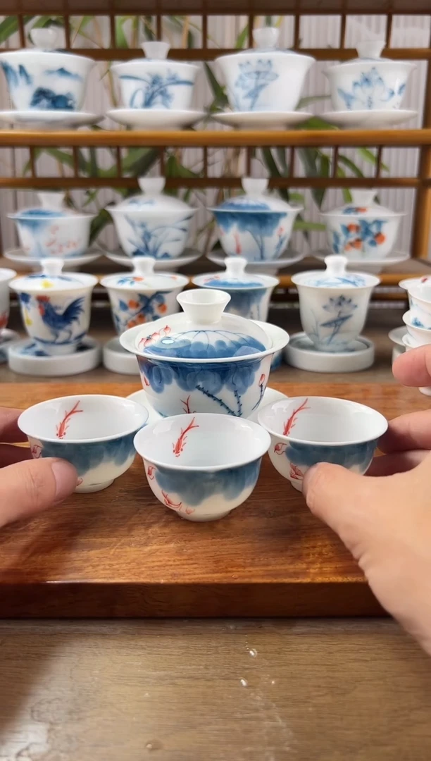 全品线条莲130ml三才盖碗+小和顺杯3个