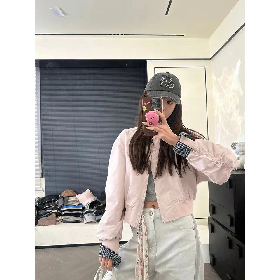 【十一专属】宽松型拼接薄款短款短外套休闲韩版皮夹克运动上衣百搭