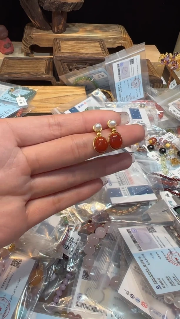 【闪购商品】玛瑙珠宝奇石银S925镀金镶嵌耳饰@@Z2517