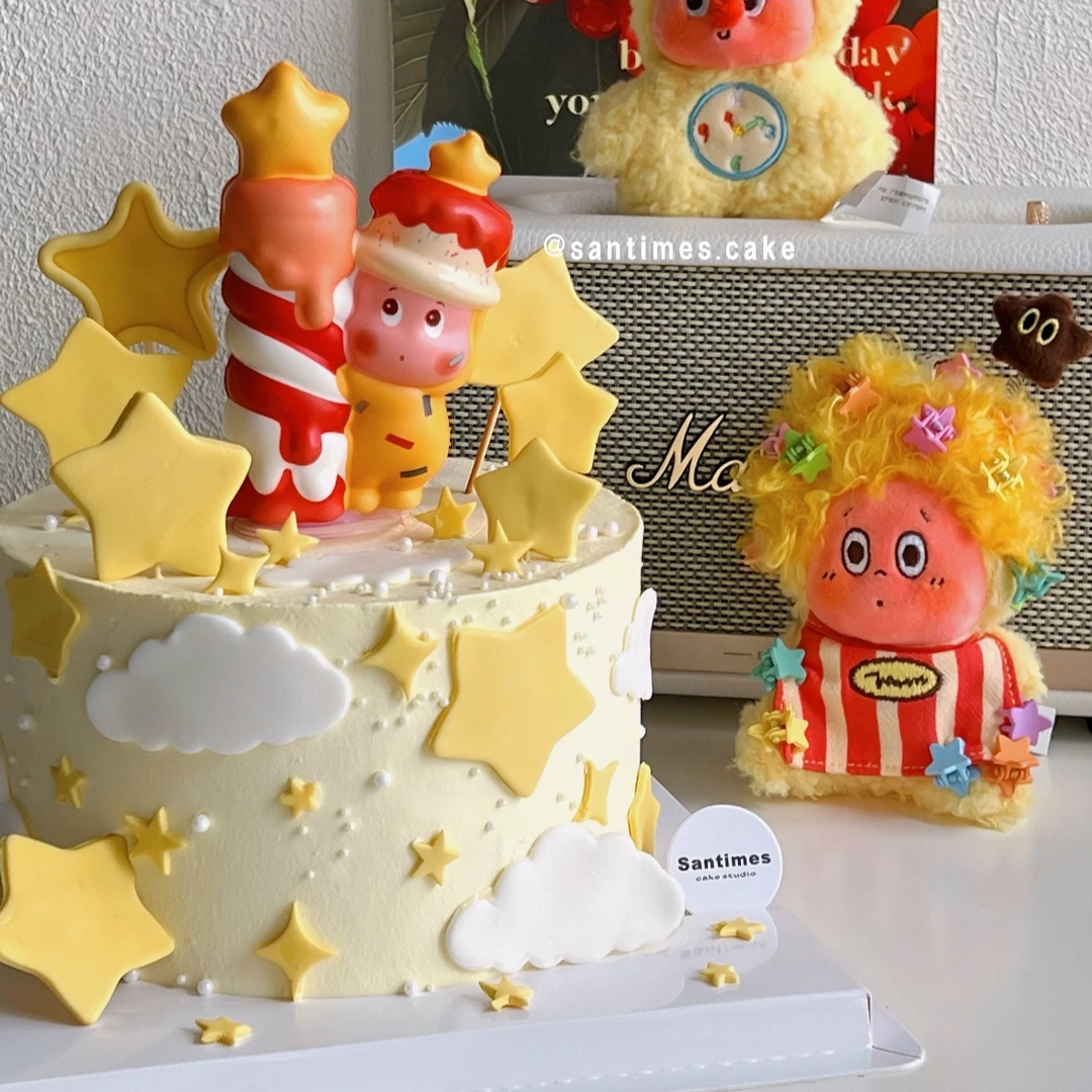 可爱版许愿宝宝星星人蛋糕装饰卡通儿童生日主题海绵公仔蜡烛插件