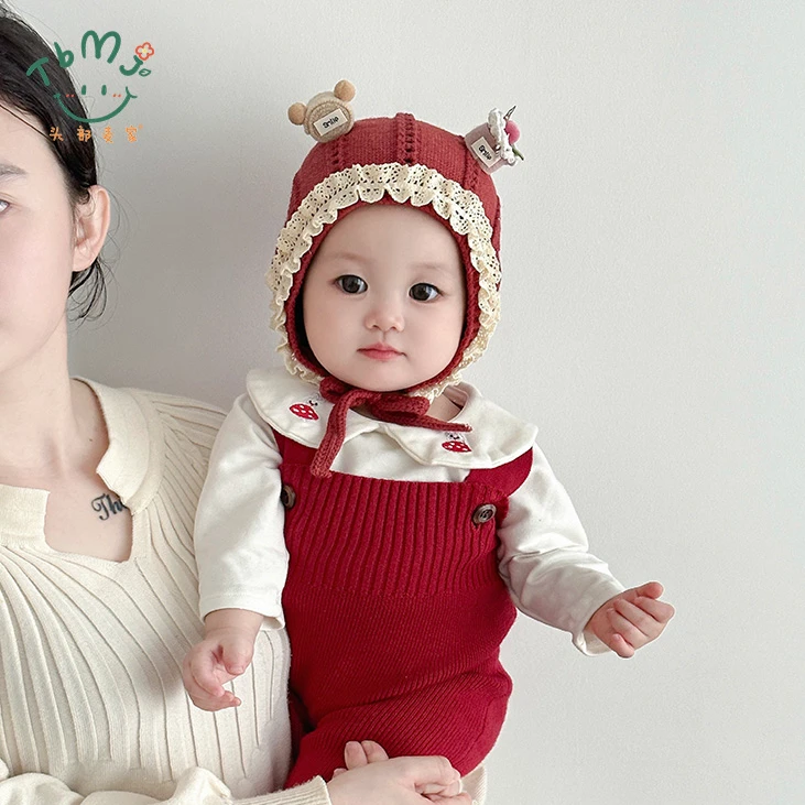 婴幼儿帽子秋冬季保暖针织护耳帽可爱女宝宝小月龄防风毛线帽系带