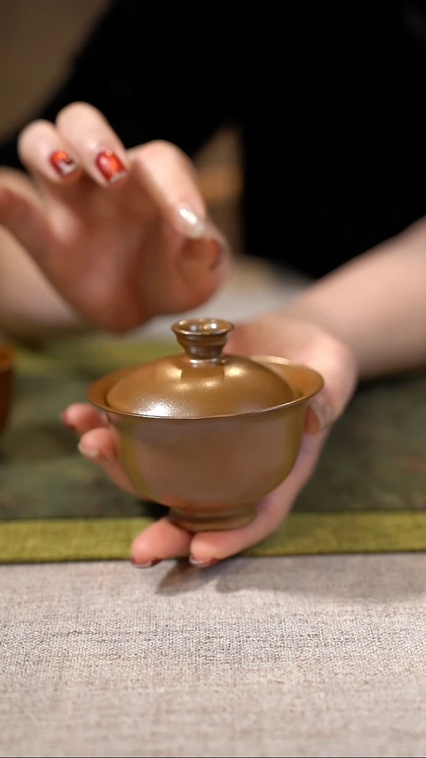 摆件陶寒****蓝茶叶沫 盖碗