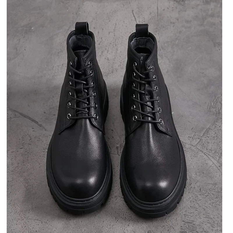 【Z581】头层牛皮男鞋中帮黑色马丁靴男真皮日系厚底工装靴百搭短靴