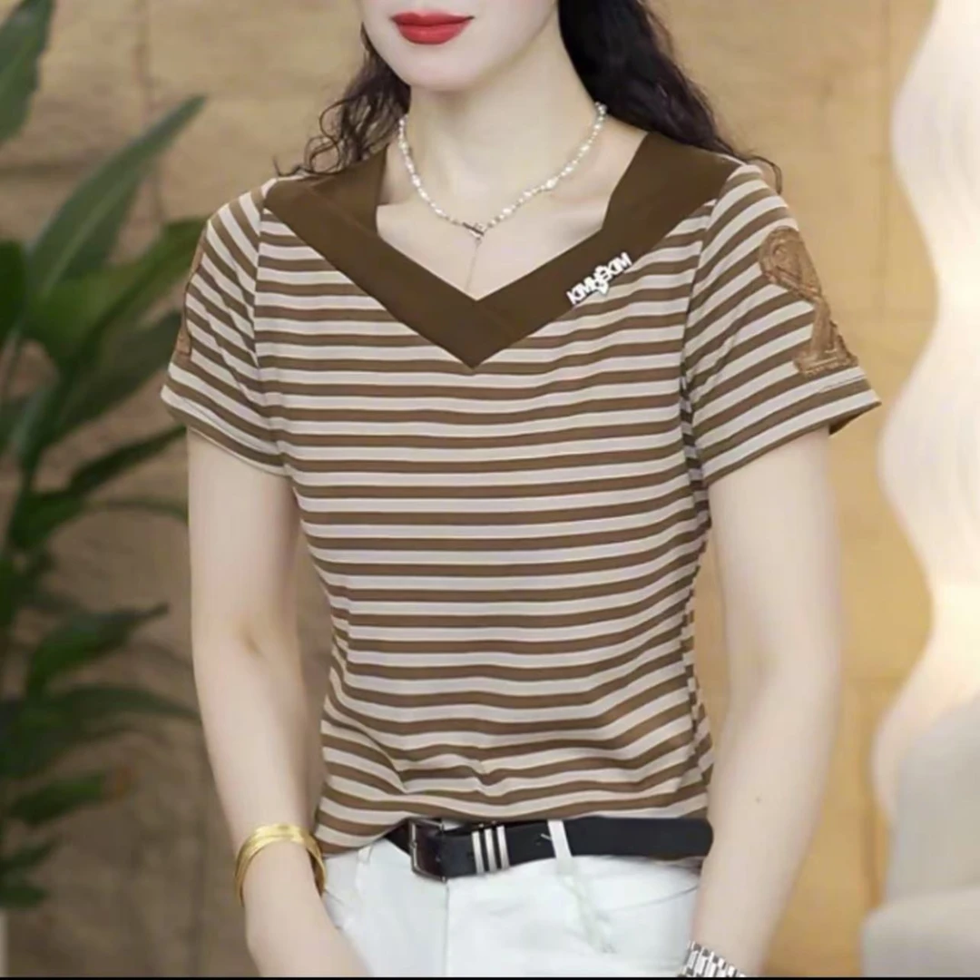 百搭时尚v领条纹短袖T恤夏季显瘦拼接洋气中年妈妈女士短袖t恤女