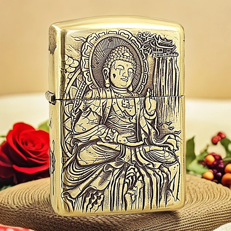 【老李鉴定】zippo打火机大日如来禅悟黄铜盔甲浮雕DYJ1