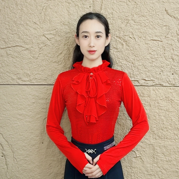 欢舞阁摩登舞吉特巴广场舞时尚气质女士圆领亮片长袖舞衣A0826