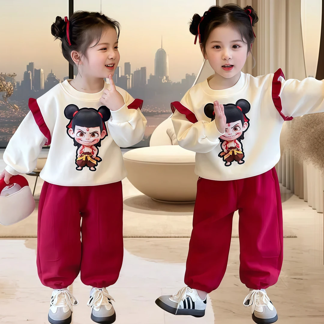 春季时尚女童休闲两件套春秋款儿童卫衣国潮哪吒衣服宝宝春装套装