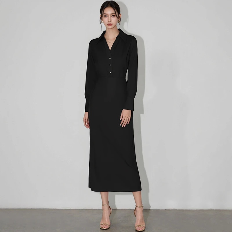 长袖收腰气质衬衫裙女士春夏中长款显瘦复古长袖连衣裙HBZU651332