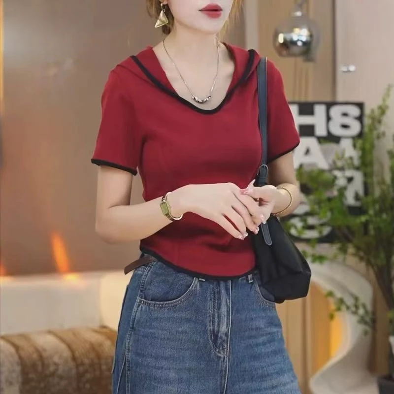 87718#【衣长50】夏季连帽洋气纯色撞色新潮风显瘦T恤短袖