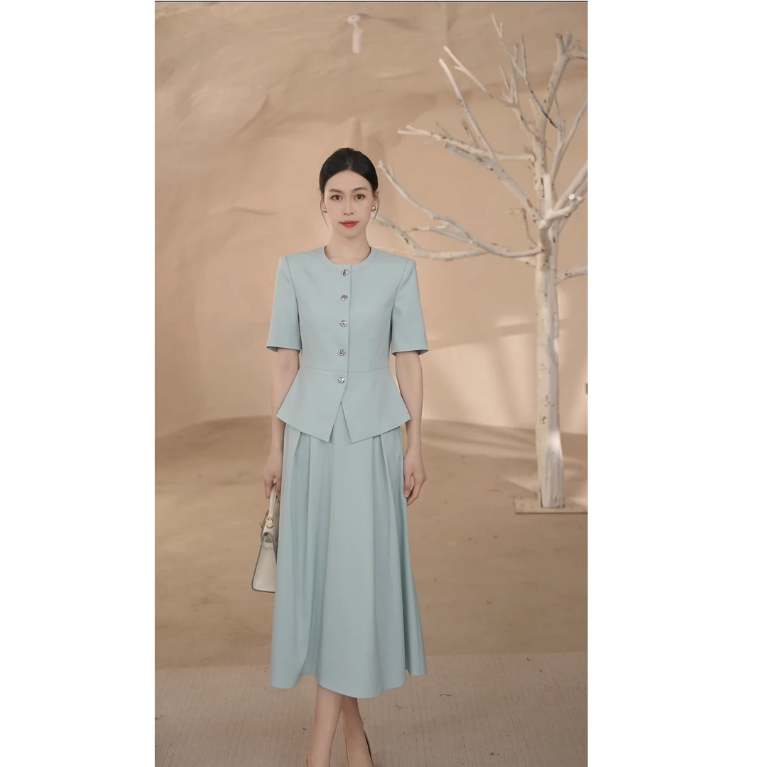 艾尚欧若风短袖水蓝色休闲风时尚伞裙气质套装西装夏季复古款显瘦
