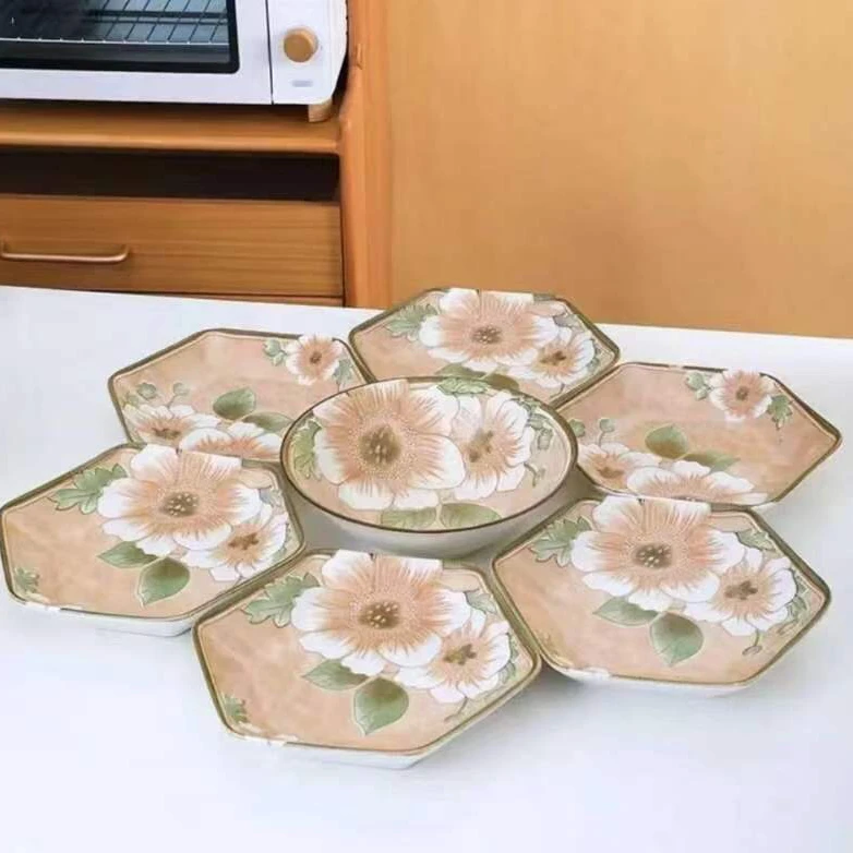 8件套！釉下彩山茶花六角拼盘6个装 下单送8英寸汤碗一个+1个汤勺