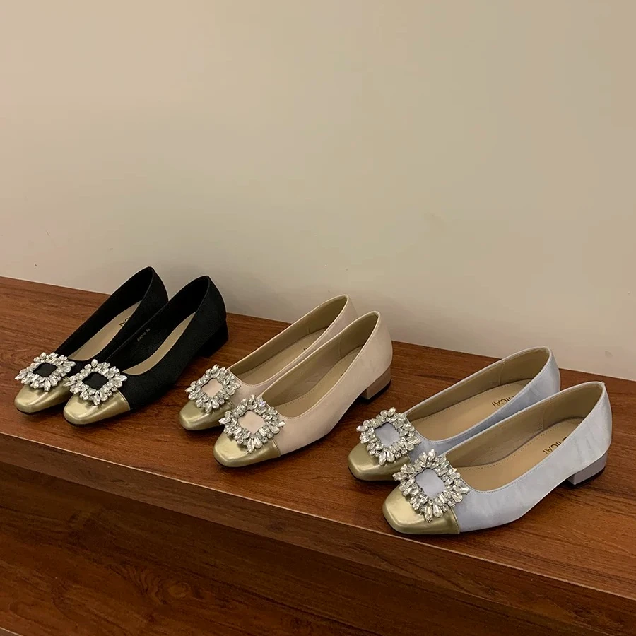 LF-990-8拼接小香风粗跟单鞋女2025年新春季秋水钻气质时尚奶奶鞋