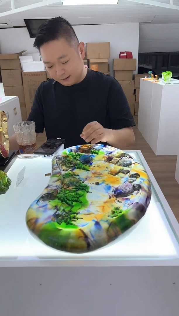 手工艺品琉璃金**父古法琉璃海底世界大茶盘