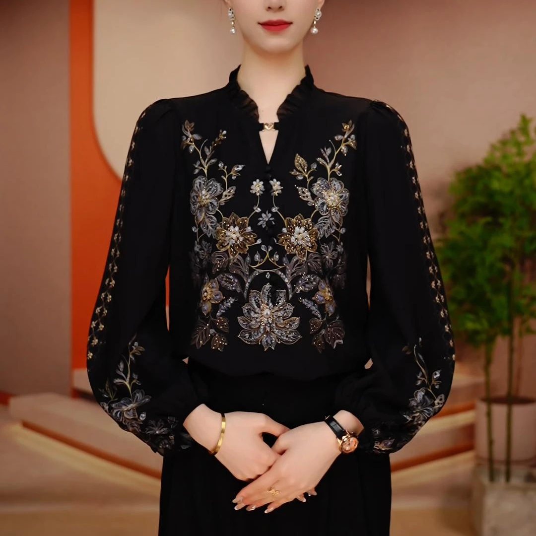 春秋新款衬衫黑金花色宽松立领V设计感T恤女妈妈气质百搭上衣小衫