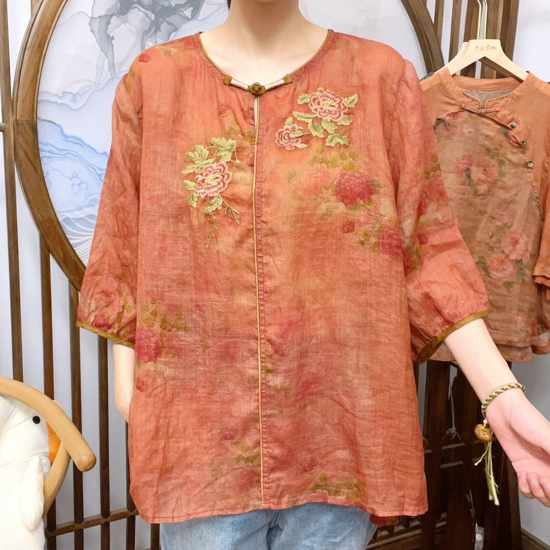 盛夏花开-原创设计重纱苎麻上衣619
