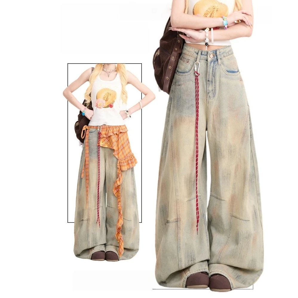 潮流百搭美式脏染弯刀牛仔裤女夏季做旧设计感阔腿裤拖地小众裤子