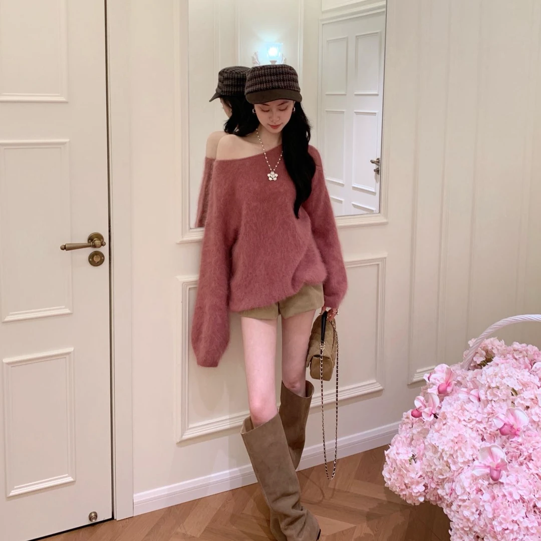 韩系斜肩一字领套头毛衣女秋冬新款慵懒风宽松软糯奶呼呼针织上衣