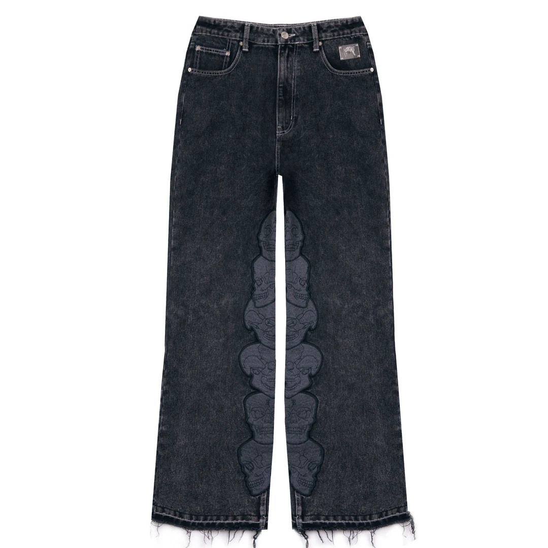 REVENGE SKULL EMBROIDERED JEANS 水洗美式牛仔裤黑色