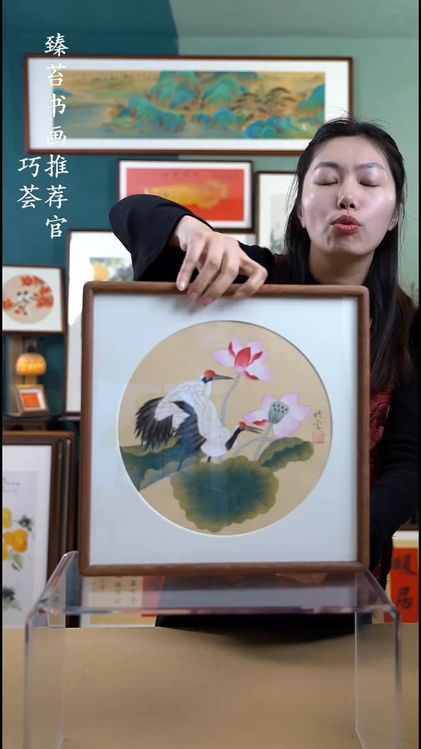 【闪购商品】国画35*35荷花鹤图A545 手写手绘摆台