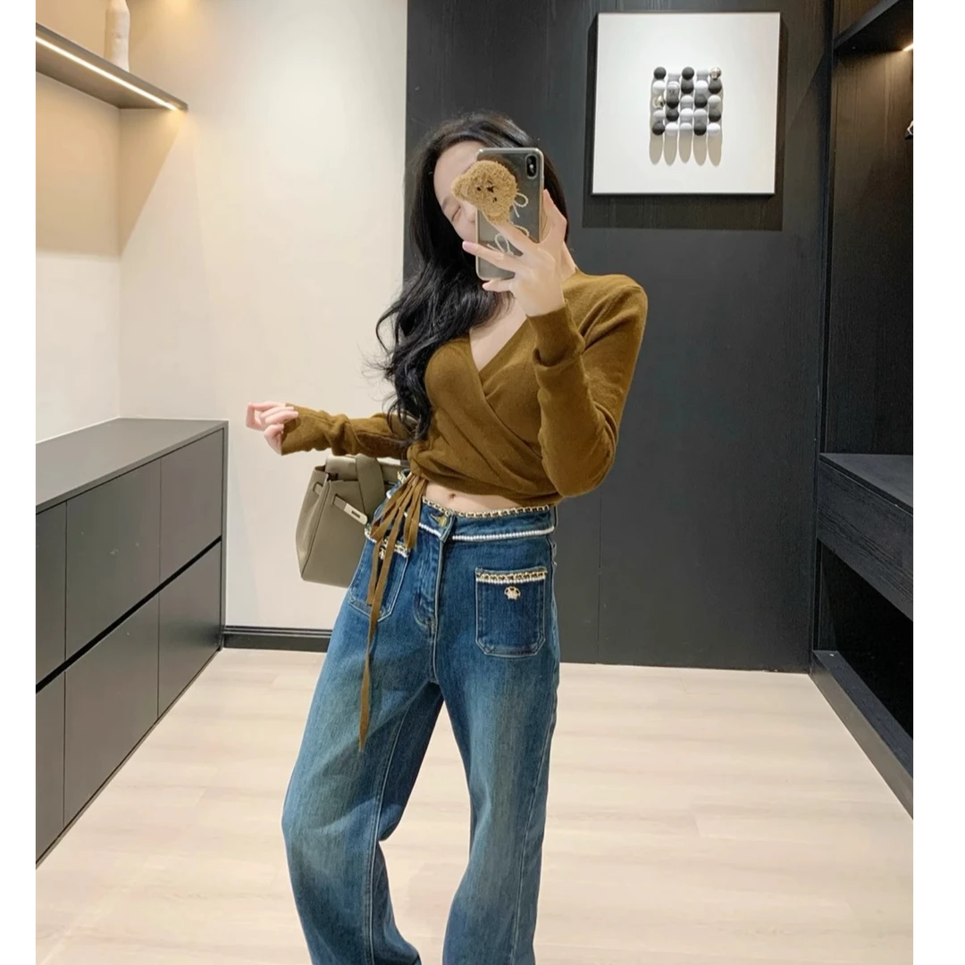 【现货】Leathercat针织衫女2025秋冬法式设计感小个子v领短款上衣