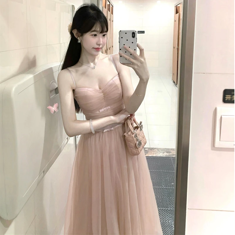 芭蕾风少女蝴蝶结吊带拼接网纱长裙设计感小众法式气质生日礼服裙