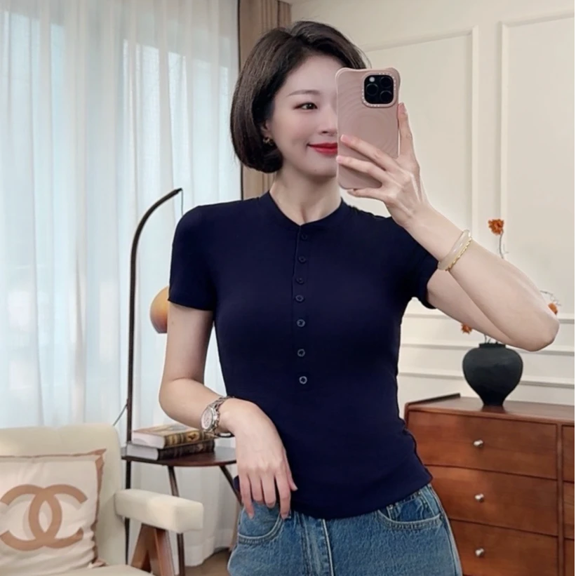 2025新款螺纹半开领修身纽扣T恤女短袖女装时尚百搭气质小众纯色