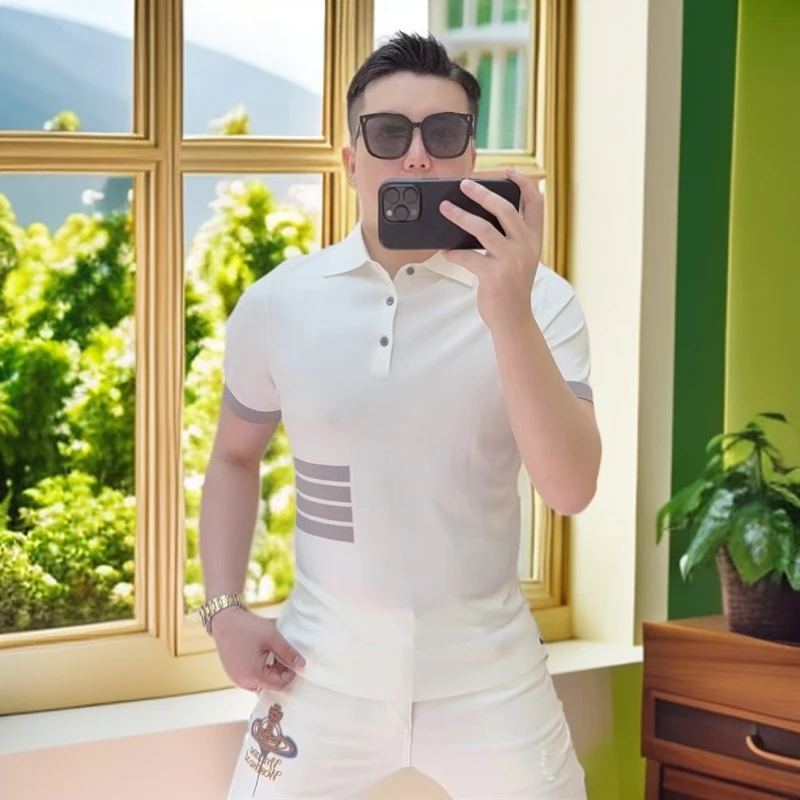 娜罗普西夏季时尚简约修身帅气百搭条纹冰丝短袖T恤男潮polo衫