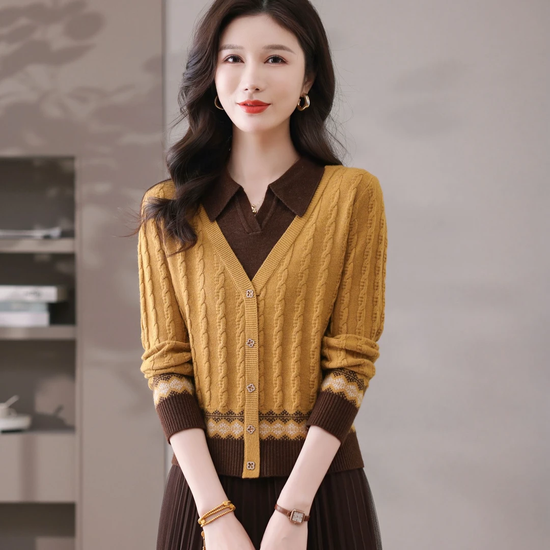 短款翻领毛衣套头长袖百搭洋气温柔知性宽松假两件中年女装