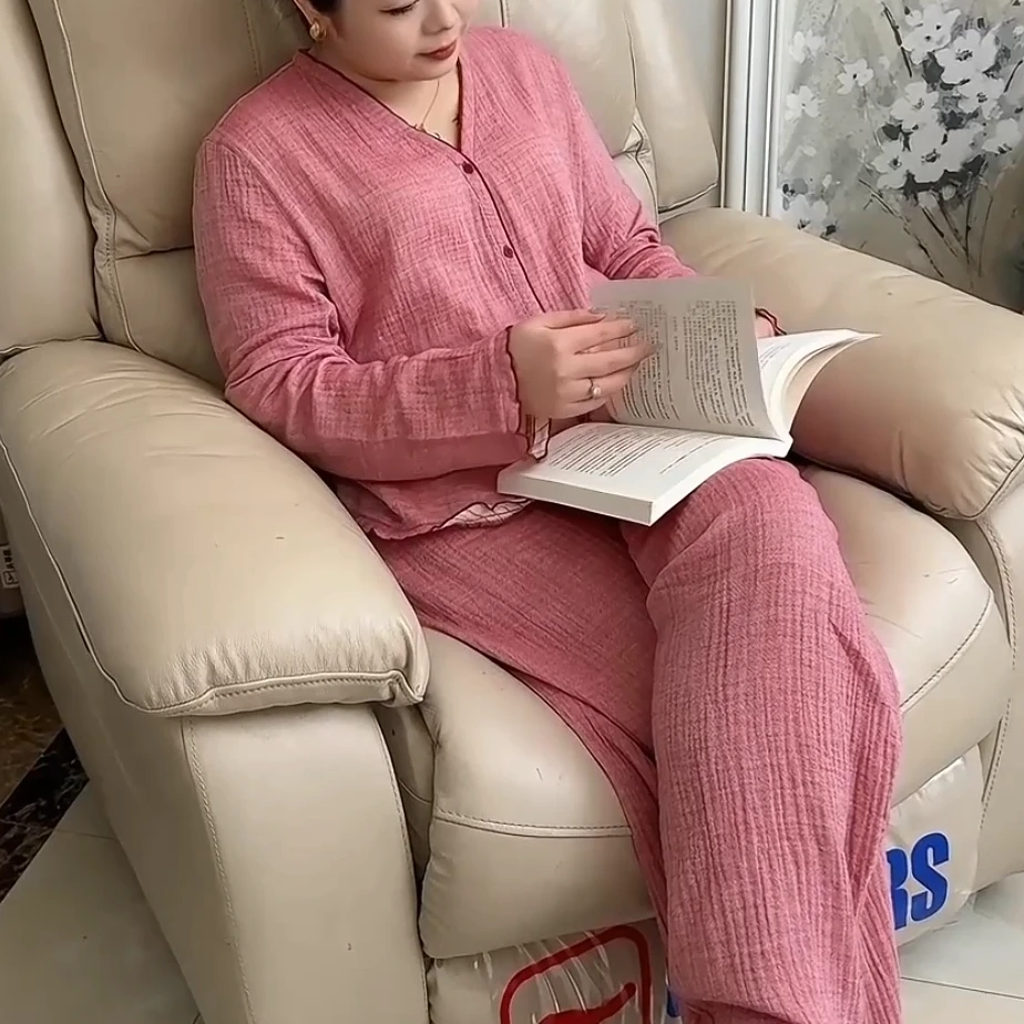 双层纱大码家居服时尚舒适长袖女士四季宽松纯色纯棉250斤可穿