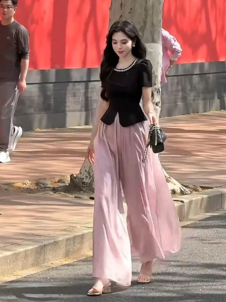 2025新款夏季大方得体气质高级感名媛小香风T恤粉色阔腿裤套装女