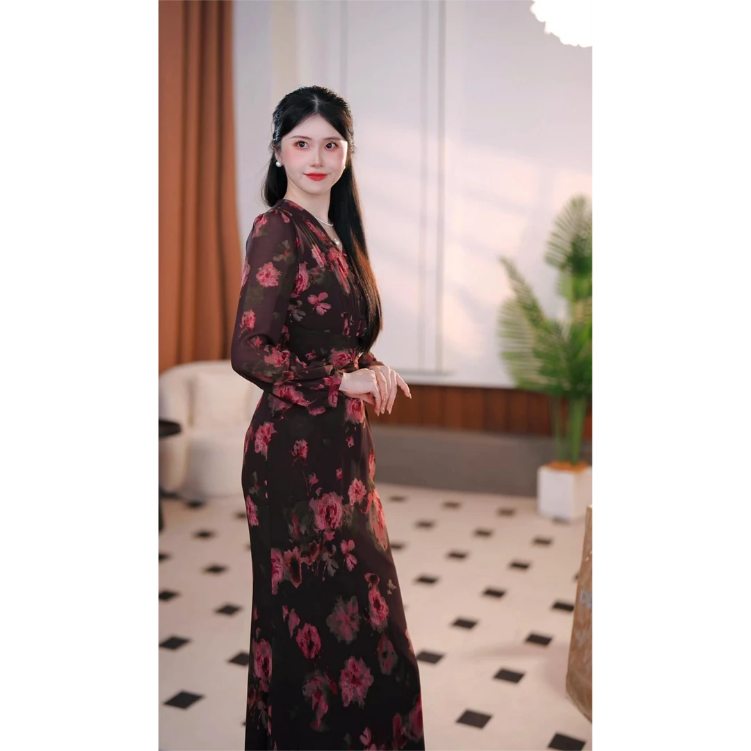 【羽晨】闻香疏影新款高级法式气质显瘦鱼尾连衣裙-YL11265