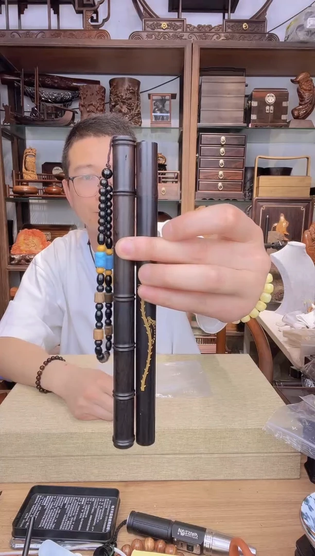 乌木类书架680紫光檀竹节香筒+紫光檀烫金香筒