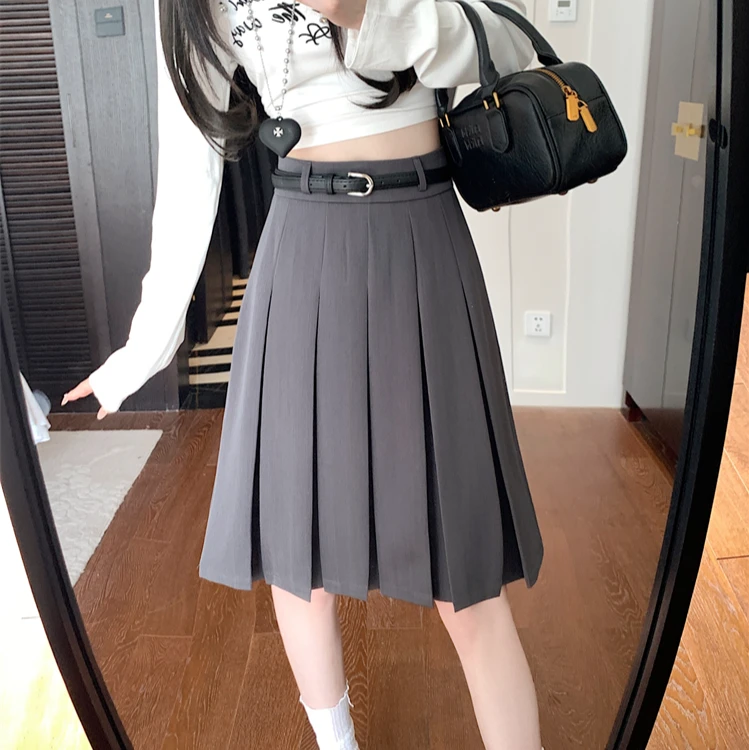 大码百褶裙半身裙女春夏百搭高腰显瘦A字裙学院风中裙微胖过膝裙