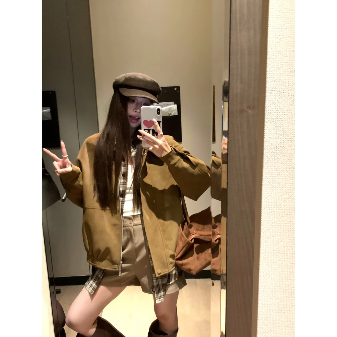 美式复古超好看翻领休闲外套上衣2025秋季新款美拉德宽松棕色夹克