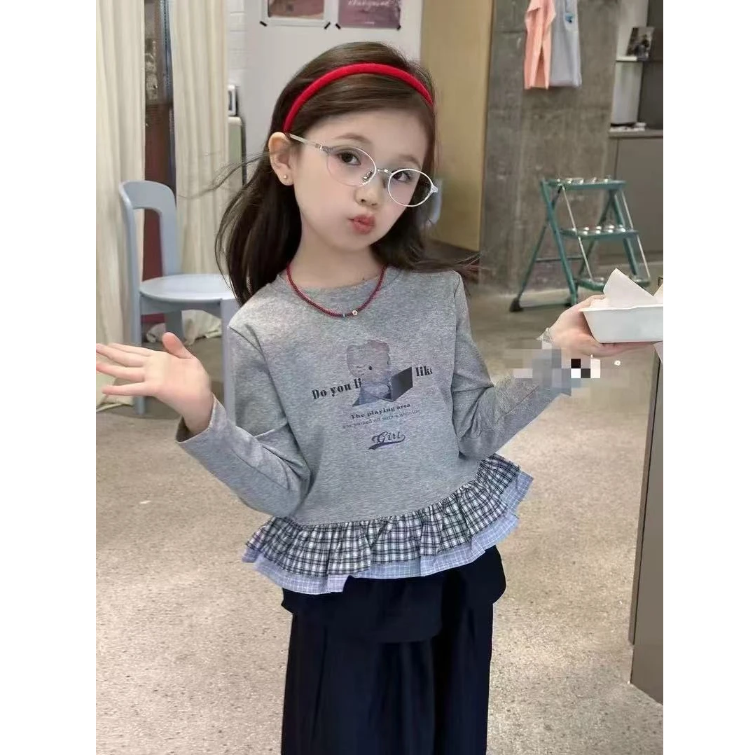 2025秋季新款洋气灰色格子拼接裙摆长袖t恤女小童