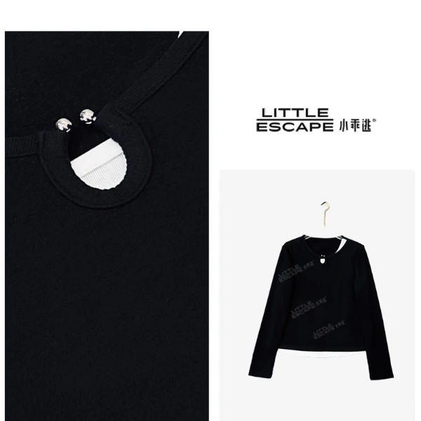 小乖逃休闲时尚长袖黑色T恤笑脸白边圆领保暖长袖时尚长袖TS8102