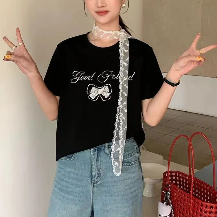 A065夏季25韩系简约珍珠蝴蝶结圆领短袖T恤百搭上衣