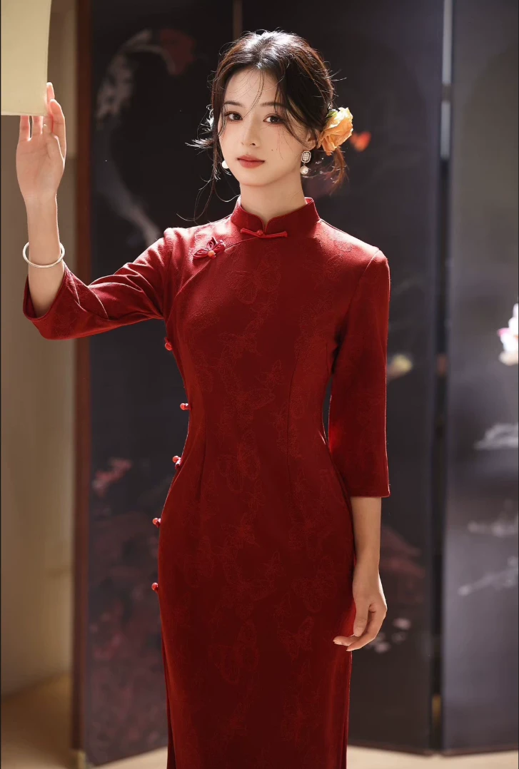 【蝶花】秋季新款针织提花中式婚宴装年轻气质高端喜庆妈妈礼服