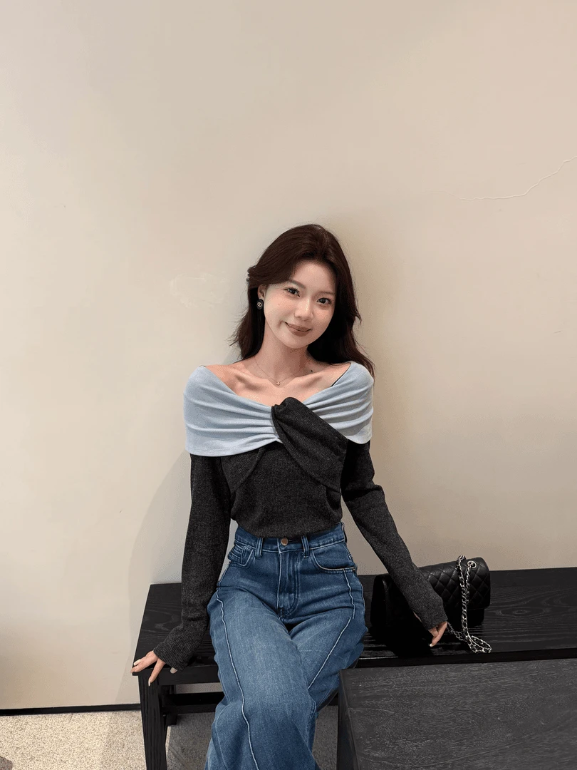 【海盐曲奇】秋季新款韩系设计感扭结拼色针织衫气质修身一字肩上衣