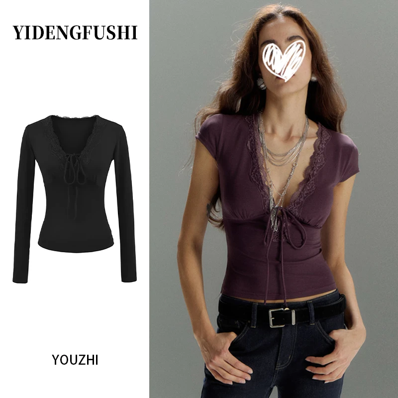 夏季新款法式V领系带蕾丝花边拼接修身显瘦辣妹纯欲女上衣