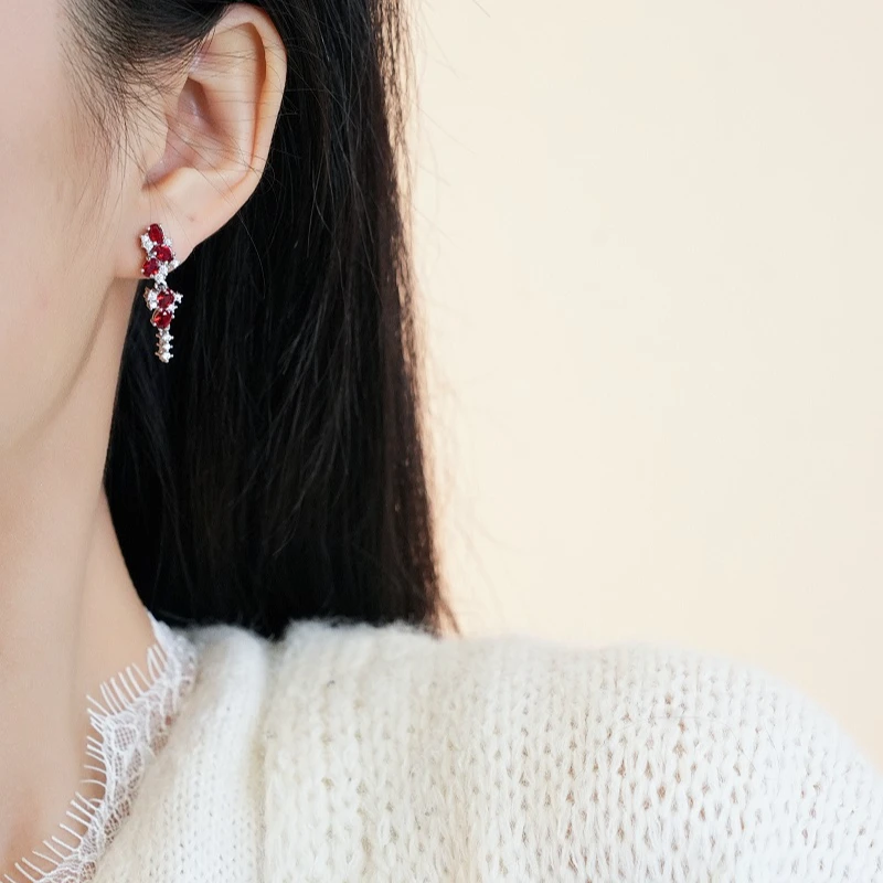 铜合金耳饰 红色葡萄串耳环女士长款流苏925银时尚精美流苏华丽